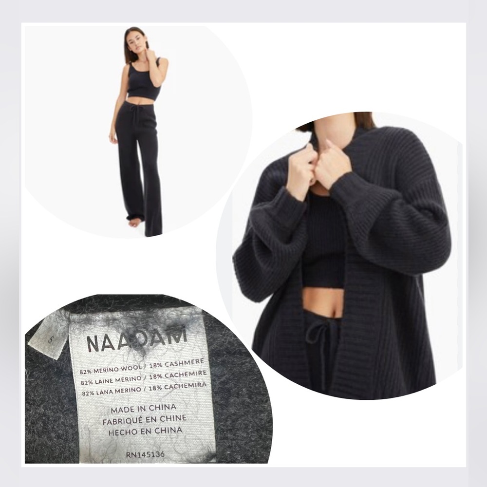 NAADAM Set Luxe Merino Cashmere Wide Leg Pant Balloon Sleeve Cardigan Tank Small
